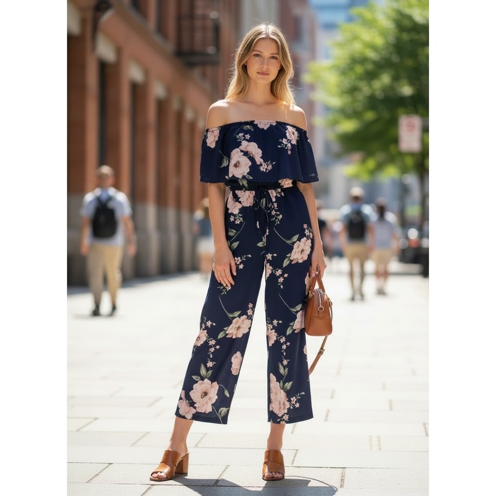 Peyton Bre Girls Navy Pink Floral Strapless Wide Leg Ruffle Jumpsuit Size 6